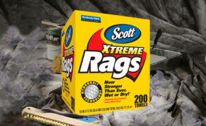 Scott Xtreme Rags in a Box on a painting drop cloth with paint, painting tray and roller