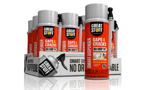 Great Stuff Smart Dispenser Gaps & Cracks can & carton display packaging on a light background