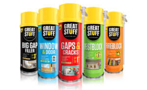 Great Stuff Gaps & Cracks, Great Stuff Window & Door, Great Stuff Pestblock, Great Stuff Big Gap Filler and Great Stuff Fireblock can packaging on a light background