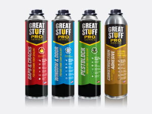 Great Stuff Pro Gaps & Cracks, Great Stuff Pro Window & Door, Great Stuff Pro Pestblock & Great Stuff Pro Construction Adhesive can packaging