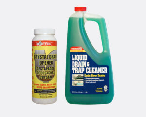 Outdated Roebic crystal drain opener and liquid drain & trap cleaner packaging bottles